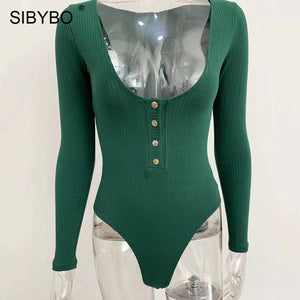 SIBYBO Ribbed Long Sleeve Sexy Bodysuit Women V-Neck Buttons Skinny Autumn Women Rompers Solid Casual Ladies Bodysuit Top