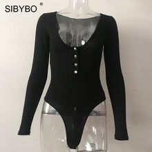 Load image into Gallery viewer, SIBYBO Ribbed Long Sleeve Sexy Bodysuit Women V-Neck Buttons Skinny Autumn Women Rompers Solid Casual Ladies Bodysuit Top