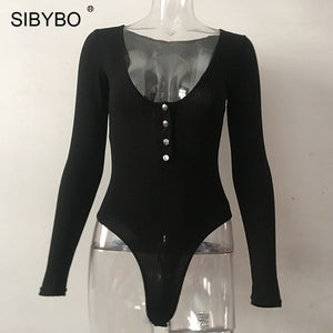 SIBYBO Ribbed Long Sleeve Sexy Bodysuit Women V-Neck Buttons Skinny Autumn Women Rompers Solid Casual Ladies Bodysuit Top