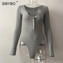 Load image into Gallery viewer, SIBYBO Ribbed Long Sleeve Sexy Bodysuit Women V-Neck Buttons Skinny Autumn Women Rompers Solid Casual Ladies Bodysuit Top