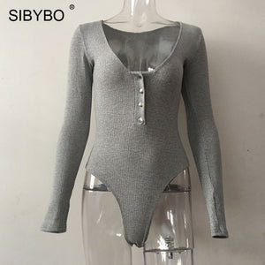 SIBYBO Ribbed Long Sleeve Sexy Bodysuit Women V-Neck Buttons Skinny Autumn Women Rompers Solid Casual Ladies Bodysuit Top