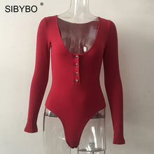 Load image into Gallery viewer, SIBYBO Ribbed Long Sleeve Sexy Bodysuit Women V-Neck Buttons Skinny Autumn Women Rompers Solid Casual Ladies Bodysuit Top