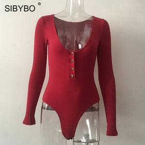 SIBYBO Ribbed Long Sleeve Sexy Bodysuit Women V-Neck Buttons Skinny Autumn Women Rompers Solid Casual Ladies Bodysuit Top