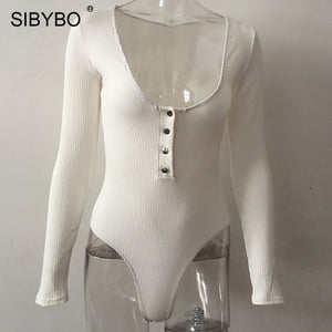 SIBYBO Ribbed Long Sleeve Sexy Bodysuit Women V-Neck Buttons Skinny Autumn Women Rompers Solid Casual Ladies Bodysuit Top