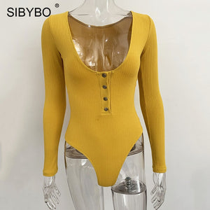 SIBYBO Ribbed Long Sleeve Sexy Bodysuit Women V-Neck Buttons Skinny Autumn Women Rompers Solid Casual Ladies Bodysuit Top