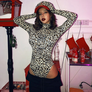 Hugcitar 2019 leopard long sleeve with gloves sexy bodysuit autumn winter women streetwear club party body