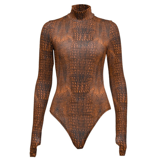 Chicology crocodile print women sexy bodysuit long sleeve turtleneck body suit 2019 autumn winter female party casual clothes