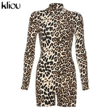 Load image into Gallery viewer, Kliou women Leopard playsuit long sleeve slim skinny rompers short jumpsuit autumn new body Leopard fashion party club bodysuit