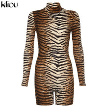 Load image into Gallery viewer, Kliou women Leopard playsuit long sleeve slim skinny rompers short jumpsuit autumn new body Leopard fashion party club bodysuit