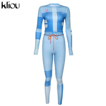 Load image into Gallery viewer, Kliou women fitness two pieces set tracksuit long sleeve crop top letters print elastic skinny leggings sportswear slim outfit