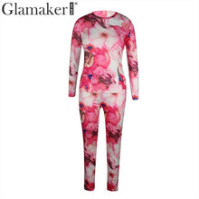 Load image into Gallery viewer, Glamaker Pink two piece set flower print jumpsuit Women long sleeve warm playsuit overalls Autumn winter round neck jumpsuit