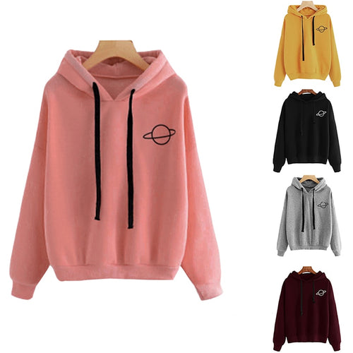 WENYUJH Women Hoodies Casual Kpop Planet Print Solid Loose Drawstring Sweatshirt Long Sleeve Hooded 2019 Autumn Female Pullover