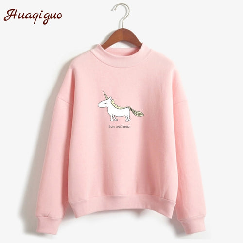 Women Hoodies Female Long Sleeve Fleece Turtleneck Sweatshirt Kpop Autumn Winter Kawaii Unicorn Print Harajuku Casual Pullover