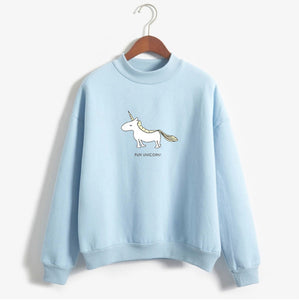 Women Hoodies Female Long Sleeve Fleece Turtleneck Sweatshirt Kpop Autumn Winter Kawaii Unicorn Print Harajuku Casual Pullover