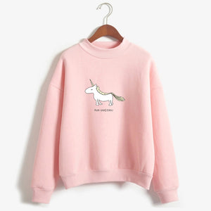 Women Hoodies Female Long Sleeve Fleece Turtleneck Sweatshirt Kpop Autumn Winter Kawaii Unicorn Print Harajuku Casual Pullover