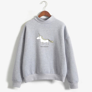 Women Hoodies Female Long Sleeve Fleece Turtleneck Sweatshirt Kpop Autumn Winter Kawaii Unicorn Print Harajuku Casual Pullover