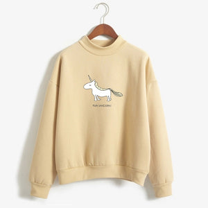 Women Hoodies Female Long Sleeve Fleece Turtleneck Sweatshirt Kpop Autumn Winter Kawaii Unicorn Print Harajuku Casual Pullover